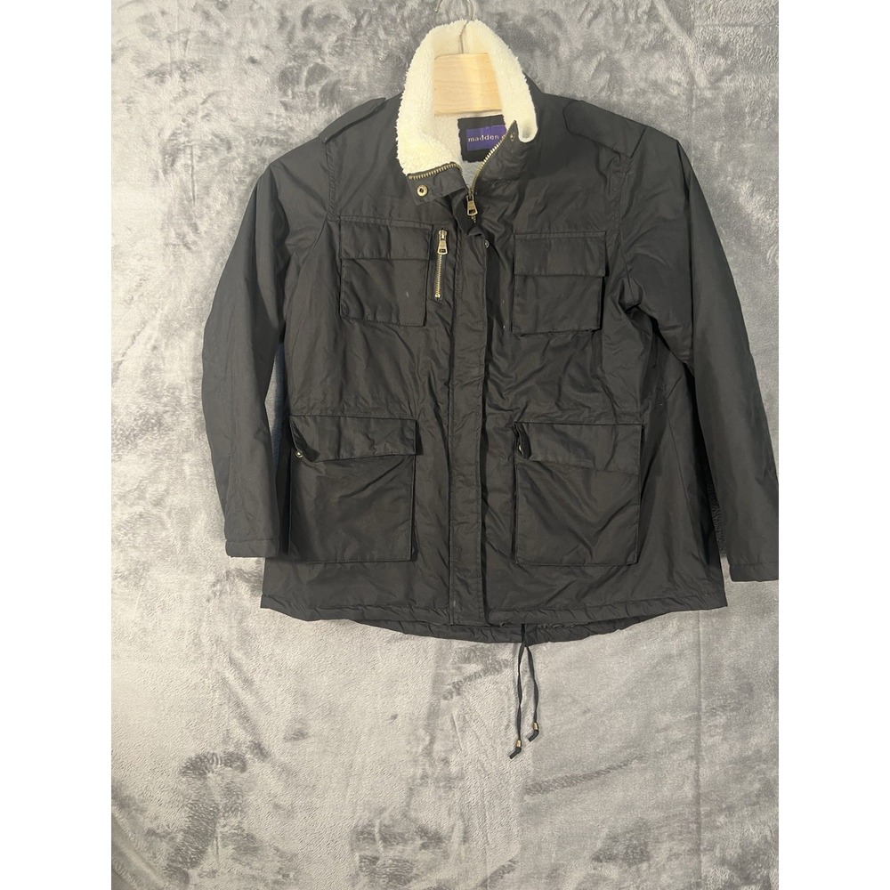 Madden Girl Womens Black Utility Jacket Faux Shearling Collar Multi-Pocket Coat